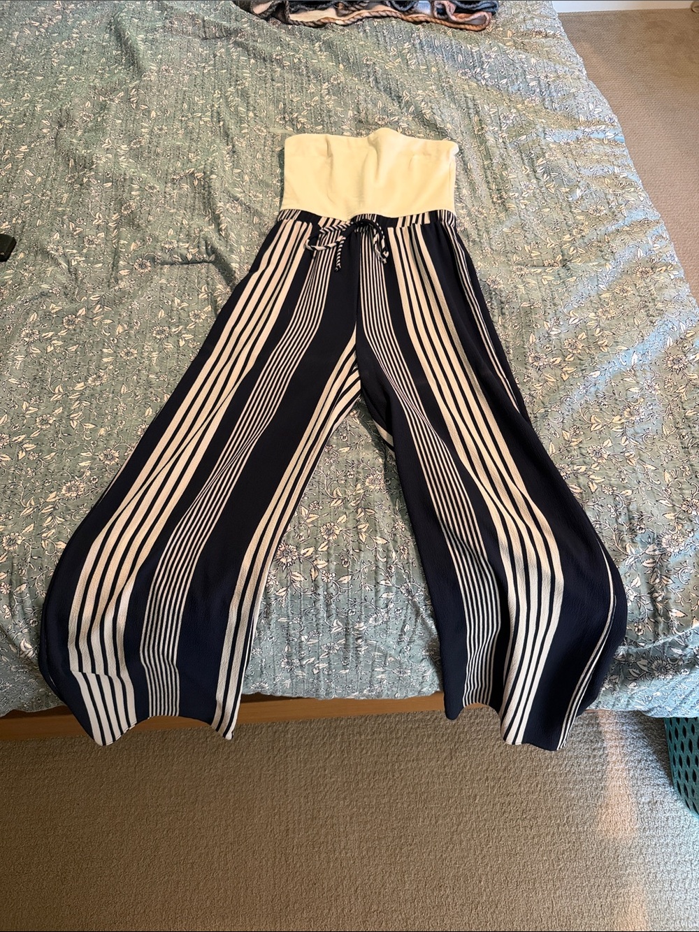 Striped Navy and White Strapless Jumpsuit